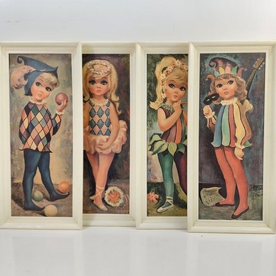 Set 4 Vtg Goji Harlequin Big Eye Girl Ballerina Jester Framed Prints 1965 Decor 