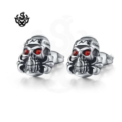 Silver stud made with red swarovski crystal eyes stainless steel skull earrings  - Photo 1 sur 3