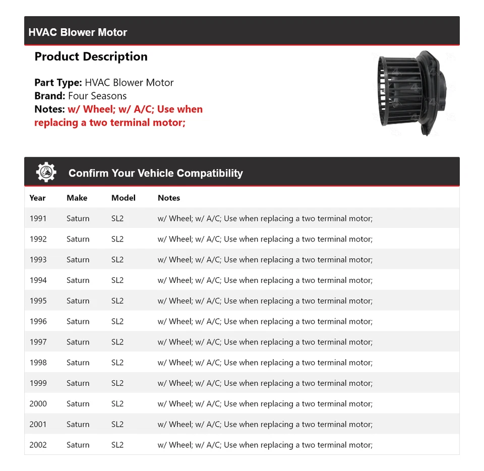 For 1991-2002 Saturn SL2 HVAC Blower Motor 4 Seasons 1992 1993 1994 1995 1996 - Image 2 of 4