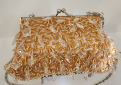 Bijoux Terner Beige Satin Soft Yellow-Gold Beads/Clear Crystals Clutch Kiss Lock