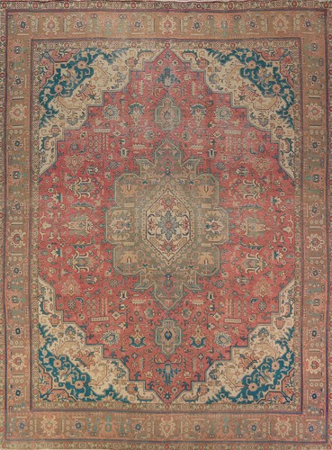Vintage Pink Geometric Tebriz Area Rug Traditional Handmade Room Size Rug 10x13