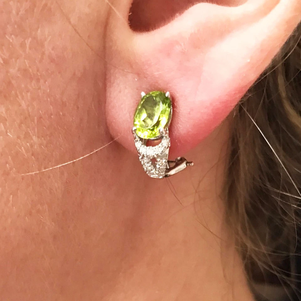 2.9 ctw Natural Green Peridot & Diamond 14k White Gold Omega Back Drop Earrings - Image 2 of 2