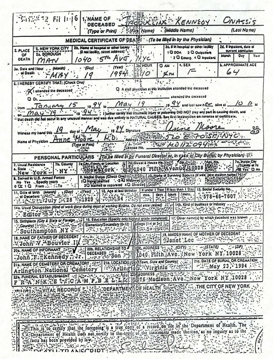 Jackie Onassis Kennedy Death Certificate Reproduction | eBay
