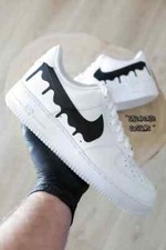 Nike Air Force 1 Custom White Shoes 'Black Drip Swooshes' Mens Womens Kids