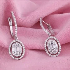 Baguette Cut Simulated Diamond Clip On Pretty Drop Earring 14k White Gold Plated