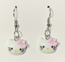 Silver Hello Kitty Pink Bow Drop Dangle Earrings 