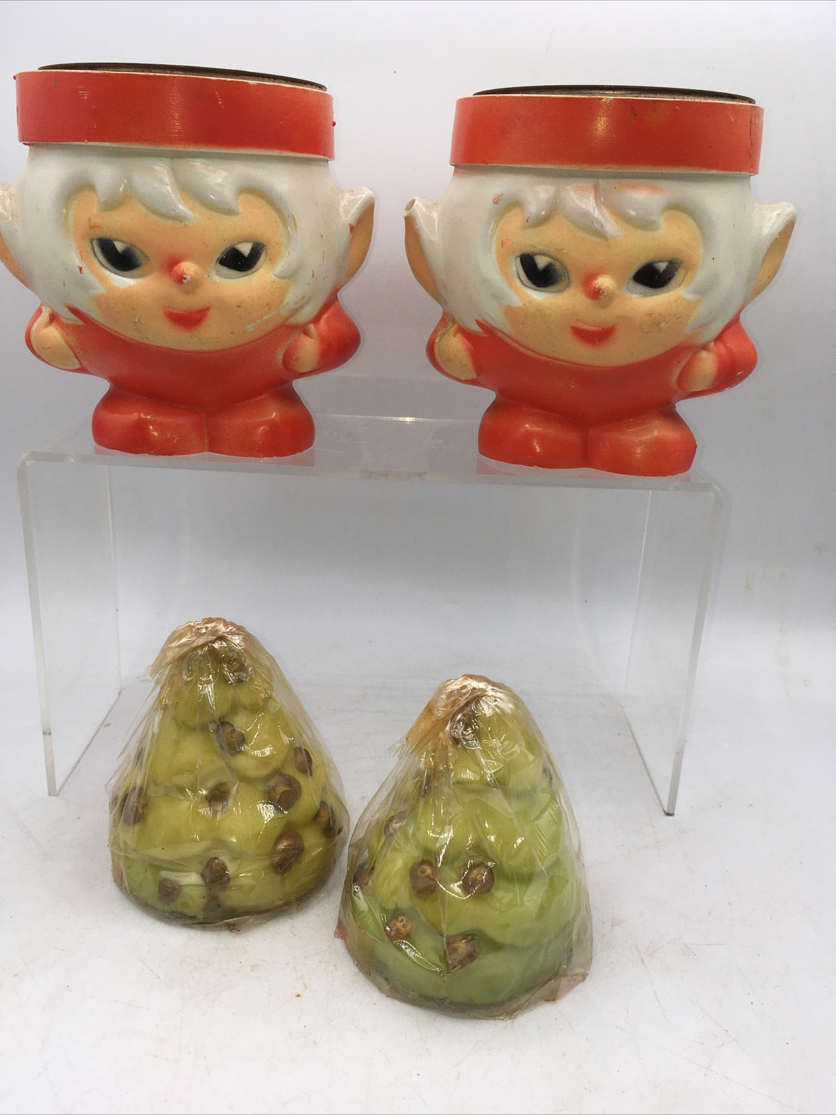 Vtg Kitschy Christmas Tree Elf Candle Holder Plastic Metal 7.5x4.5” Hong Kong