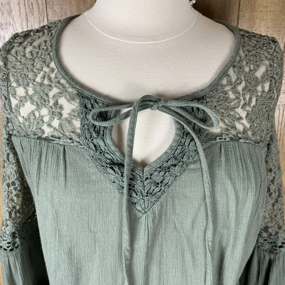 Mudd (Size S) Boho Olive Green Shirt tunic with Lace Detail - Image 2 of 4