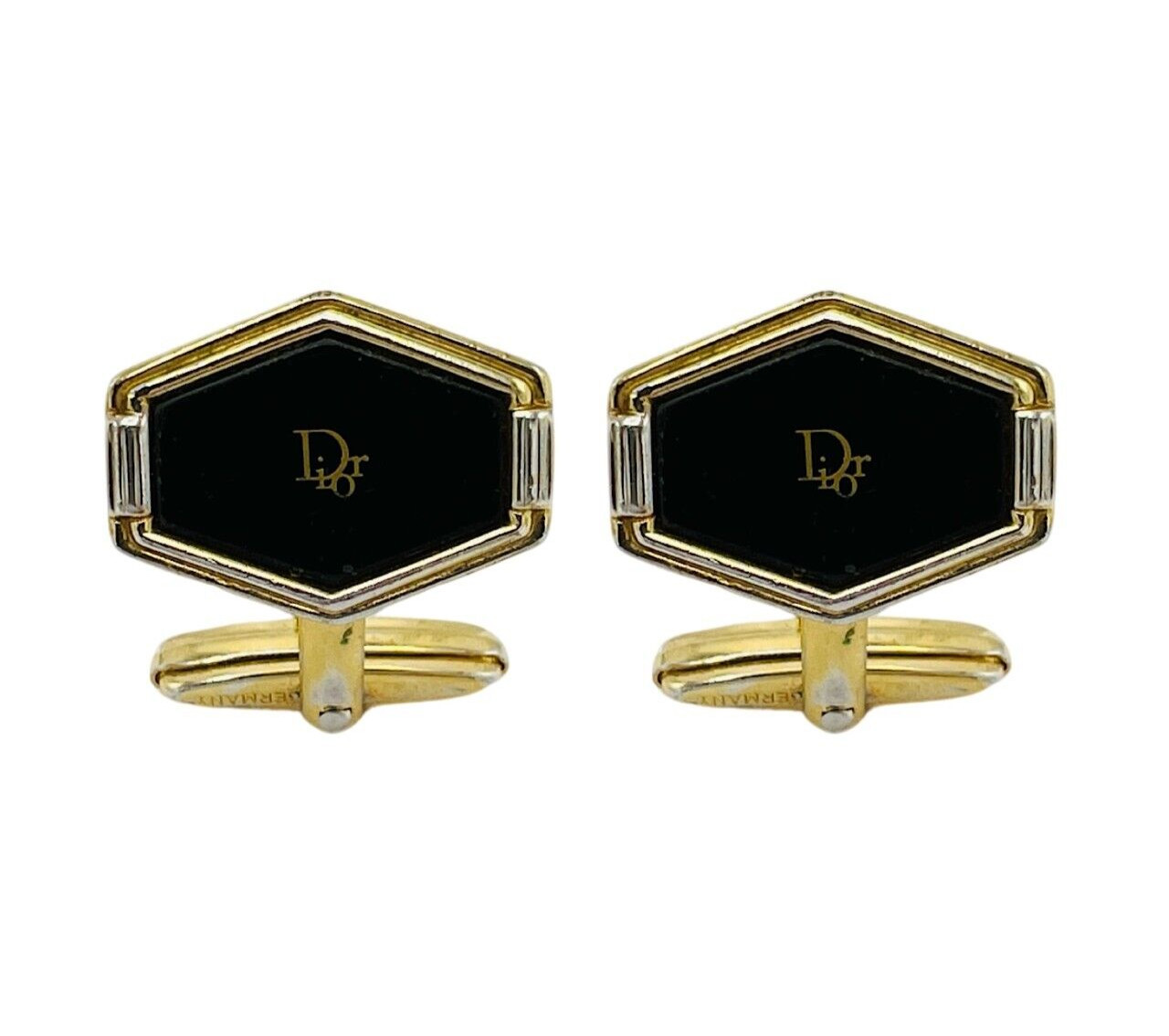 Christian Dior Cufflinks Gold Black Logo Monogram Hex… Gem