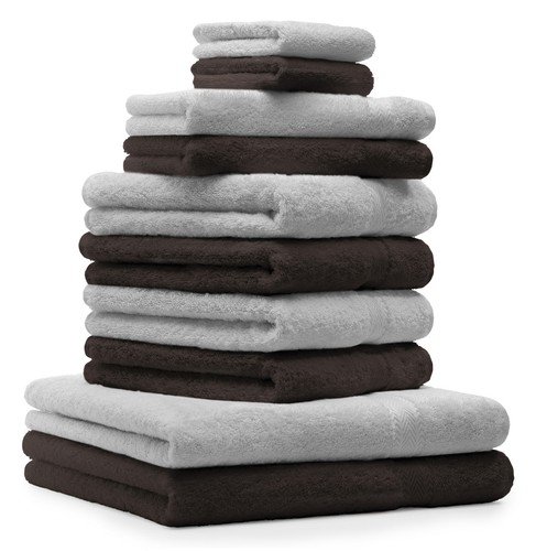 Lot De 10 Serviettes Classic, Couleur Gris Argenté Et Marron Foncé, 2