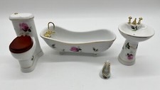 Pink Rose Bathroom Doll Furniture White Porcelain Toilet Sink Tub Toilet Brush