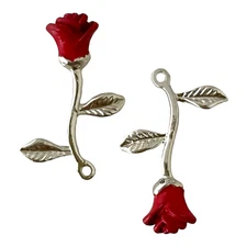 2 pcs Long Stem Red Rose Pendant Charms Silver Bead Drop Beading Findings 40mm