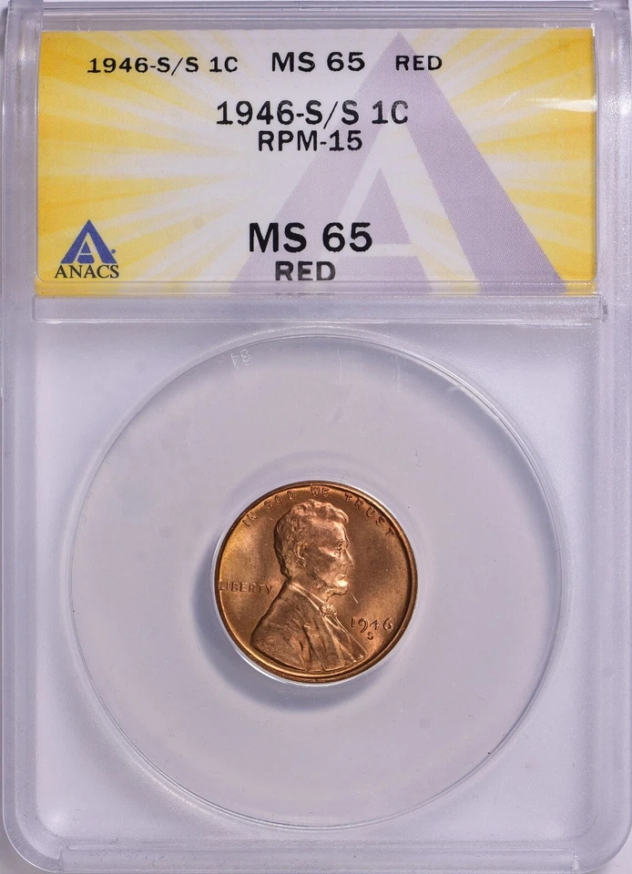 Error/Variety  1946-S/S Lincoln Cent RPM-15 ANACS MS-65 RD - Image 2 of 3