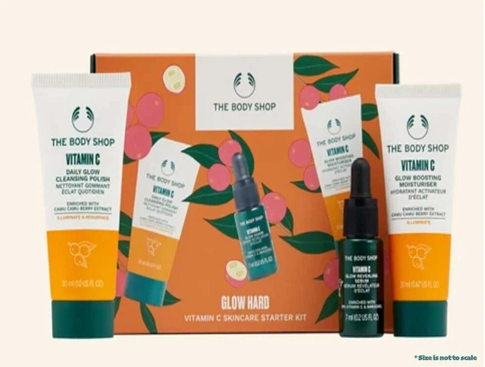 THE BODY SHOP Glow Hard Vitamin C Skincare Starter Kit Cleanse Moisturiser Serum