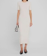 Enza Costa Women's Ivory Silk Ribbed Crewneck Half Sleeve Sweater Dress Size S