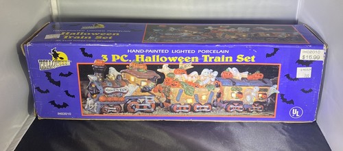 Vintage 1995 handbemalt beleuchtetes Porzellan 3-teiliges Halloween-Zug-Set