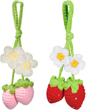 2pcs Crochet Strawberry and Flower Plant Basket Car Hanging Ornaments,Cute Handm