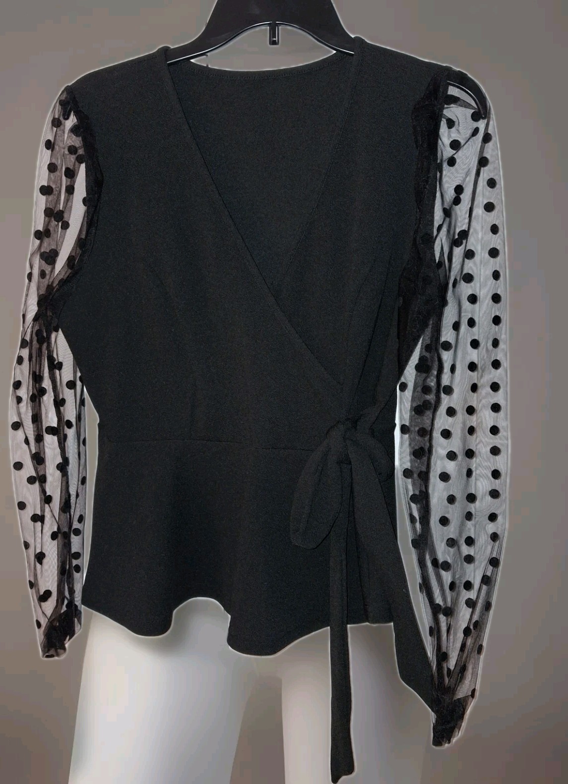 Peplum Top With Sheer Polka-dot Sleeves