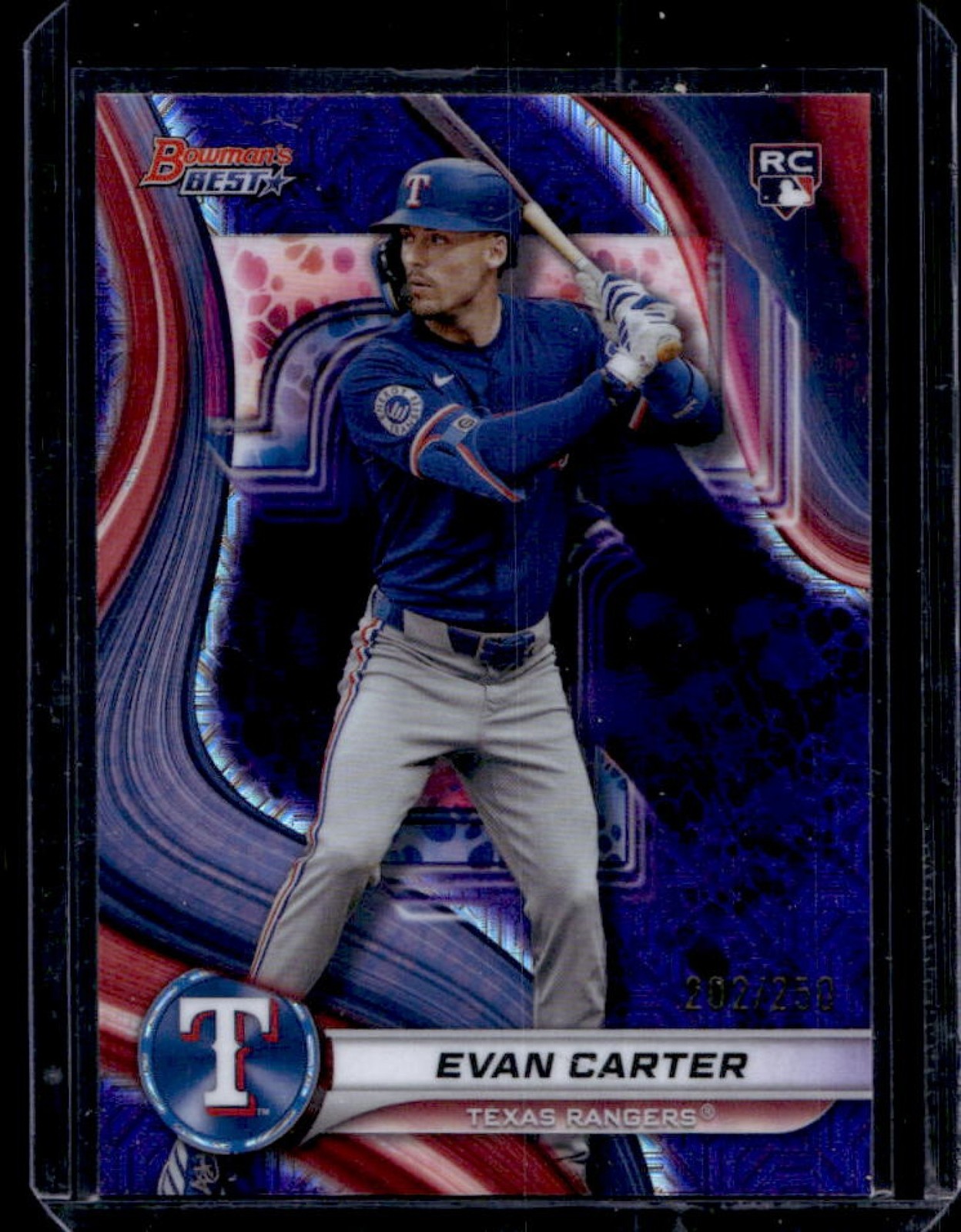 2024 Bowman's Best Evan Carter RC Purple Mojo Refractor Rookie #/250 Rangers