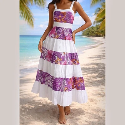 Kleid Sommerkleid Weiß Lila Gr. 36 38 Baumwolle Goa Hippie Indien Vintage - Bild 1 von 3