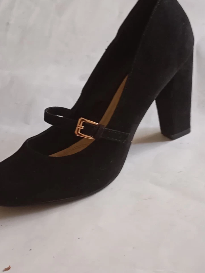 Wide Fit Women Size  4/34Songful-4 Black Suede Slip-On Classic Block Heel Pumps - Image 2 of 4