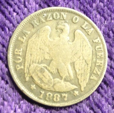 1887 Chile 50% Silver 1/2-Decimo, Condor with Shield, Half-Decimo, KM #137.3