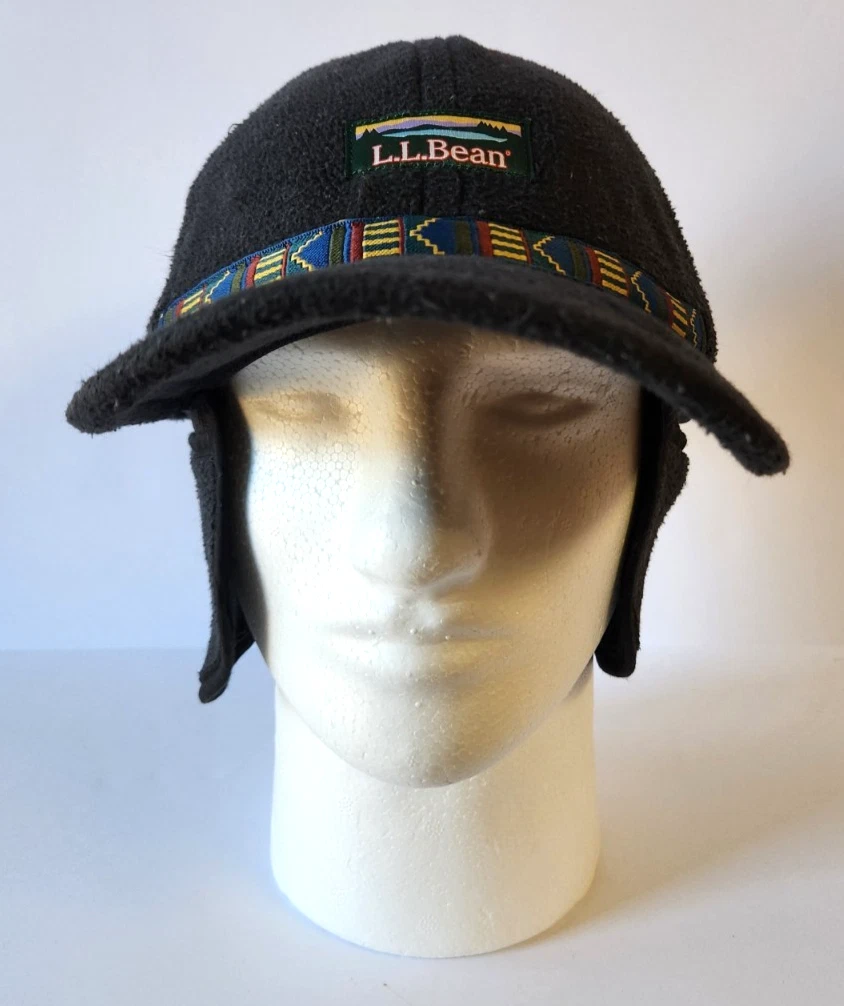LL Bean Fleece Trapper Hat Cap With Ear Flaps Black Southwestern Aztec Trim USA