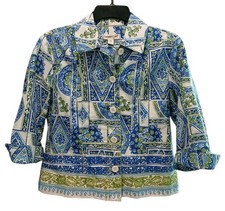 Coldwater Creek Blue White Green Cotton Jacket/Blazer Size Petite 8 Colorful Euc