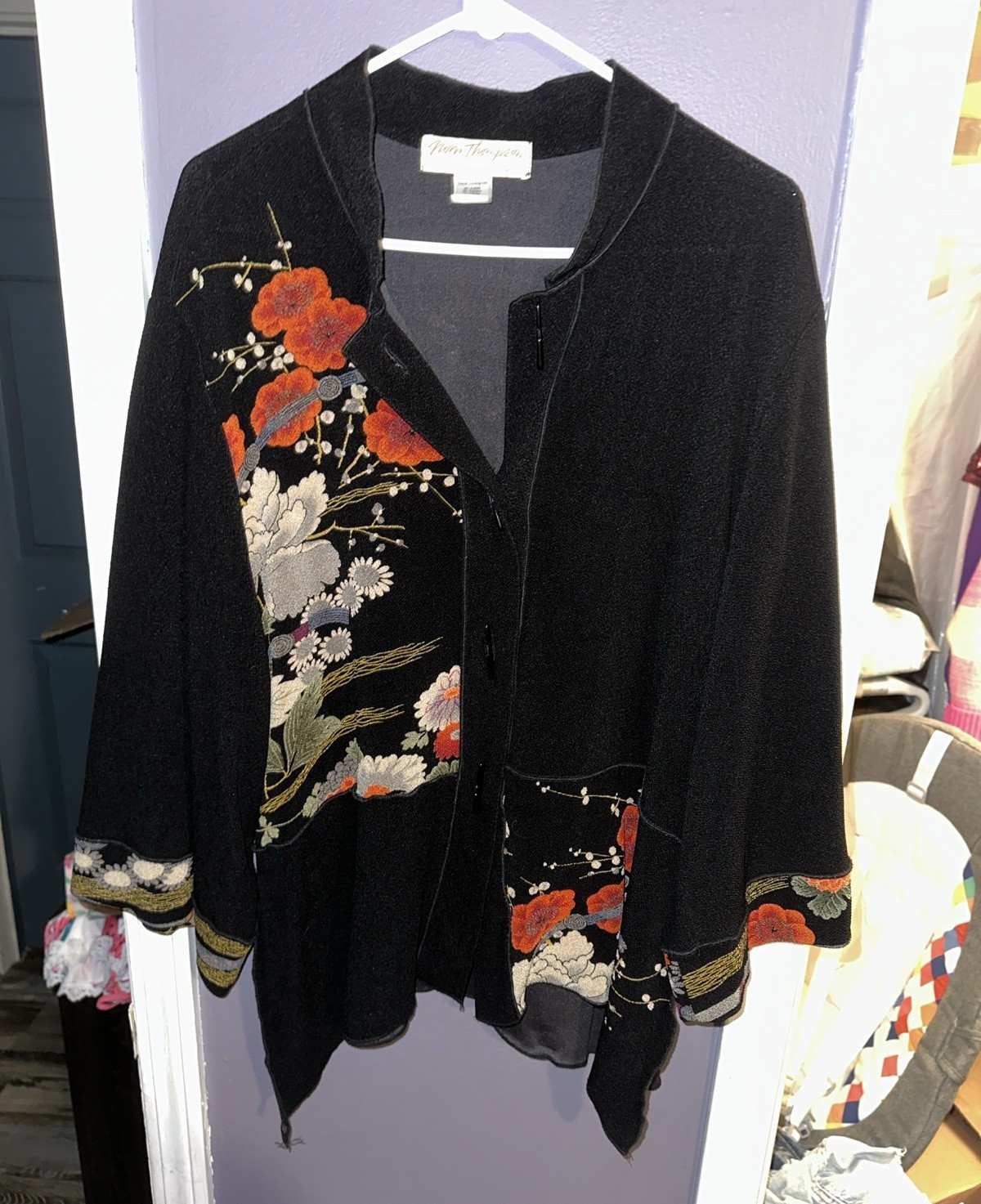 Norm Thompson Open Kimono Jacket Black Floral Embroidered 3/4 Sleeve Women XL
