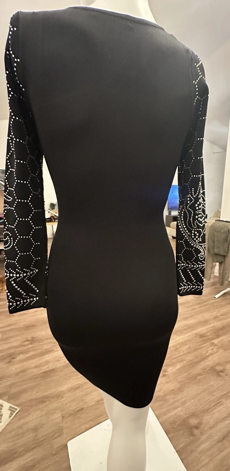 VETEMENTS Abito Bodycon Nero Elasticizzato S M Strass Borchie Super Elasticizzato Stretto Midi