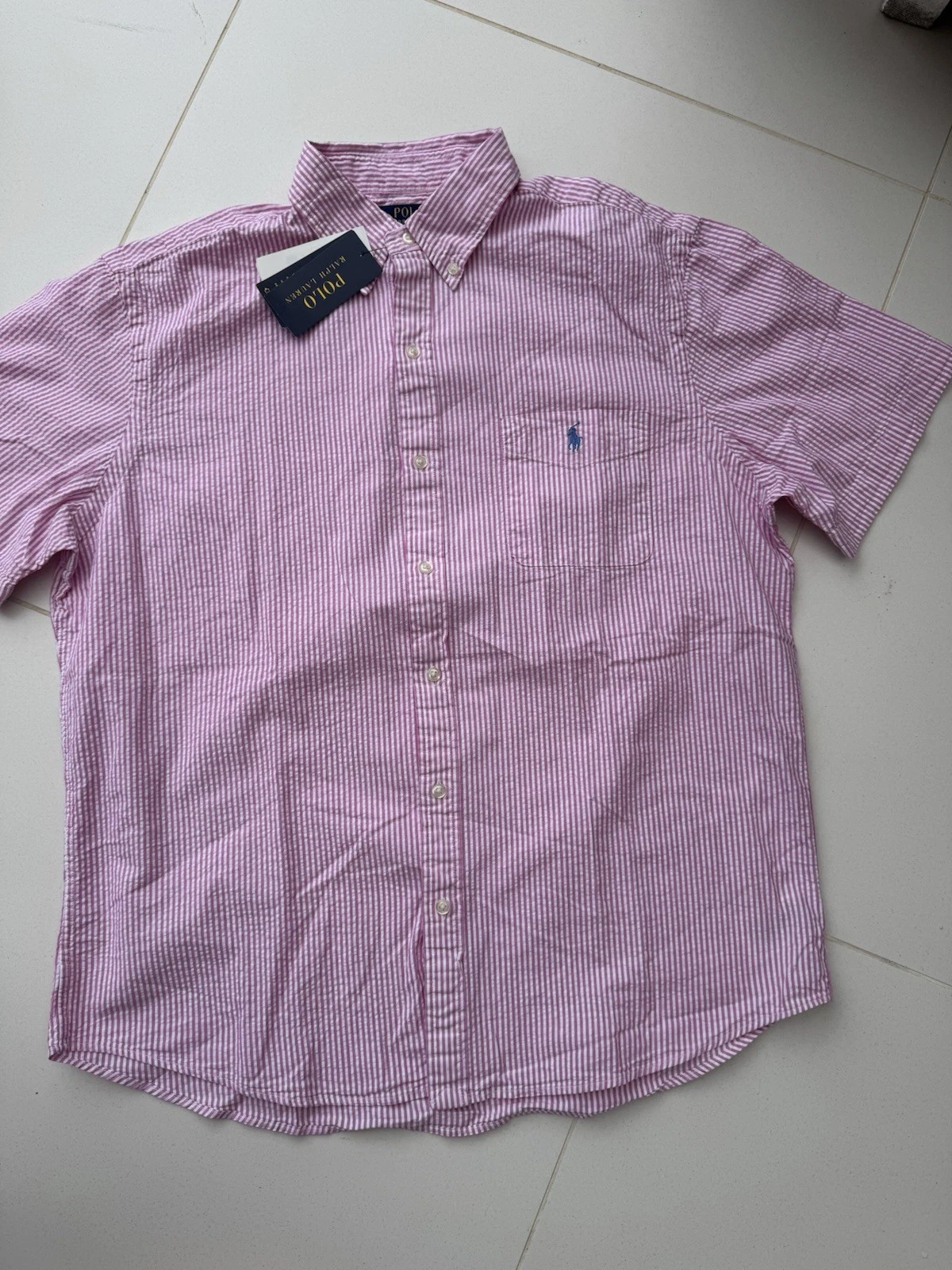 New Polo Ralph Lauren Prepster Untucked Fit Pink Striped Seersucker Shirt. L