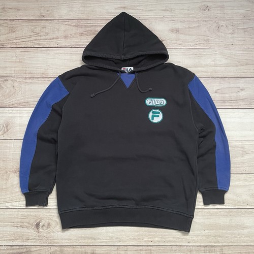 Fila, Vintage 90s Fila Hoodie Pullover Black Sweatshirt Colorblock Adult Size Small