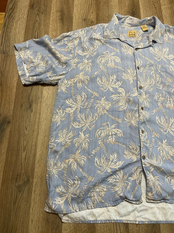 Jos. A. Bank Shirt Men's XL Blue Tan Palm Trees Short Sleeve Button Up Shirt - Image 3 of 4