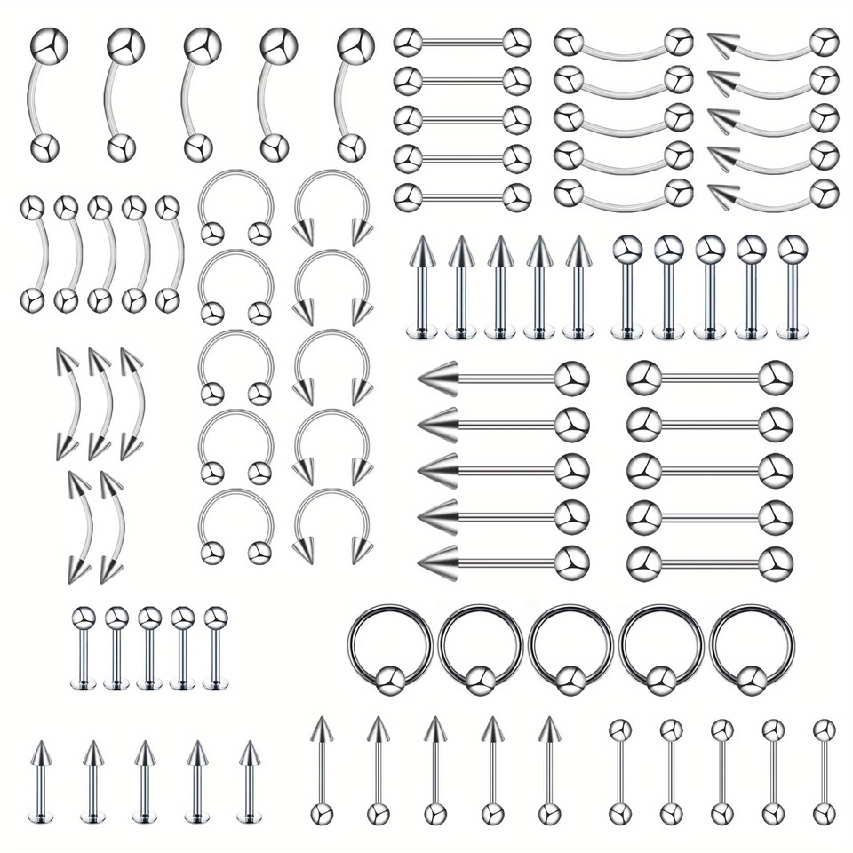 85PCS Classic Eyebrow Nail, Nose Ring, Nose Nail, Tongue Nail, Navel Nail Set US - Image 2 of 4