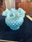Vintage  FENTON Blue Opalescent Hobnail Glass Rose Bowl Vase 4.5”