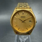 Seiko Watch Men 33mm Champagne Dial Gold Tone Date V732-0c49 New Battery Vintage