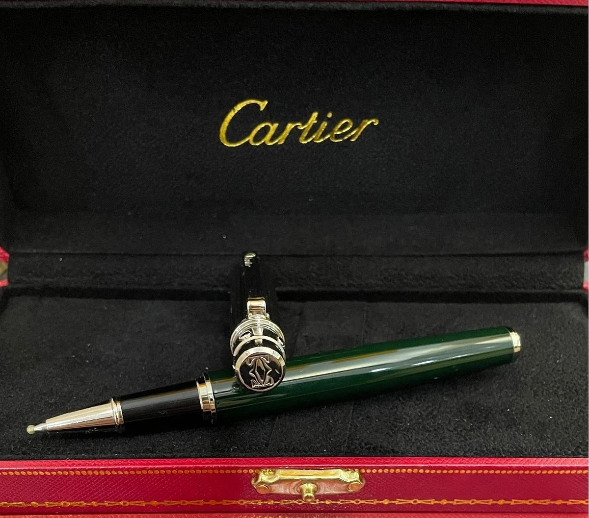 Cartier Rollerball Pen Green Lacquer Silver Trim Luxury Writing