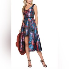 Black Halo Eve Takim V-neck Metallic Jacquard Cocktail Dress Hi Low Gown Black 6