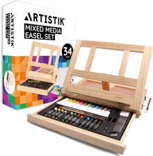 Mixed Media Easel Art Set   34-Pc Wooden Desktop Easel Box Paint Set with Acryli