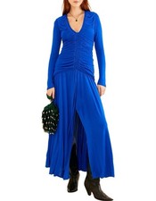 NWT Farm Rio Bright Blue Neckline Long Sleeve Ruched Midi Dress, Size XS