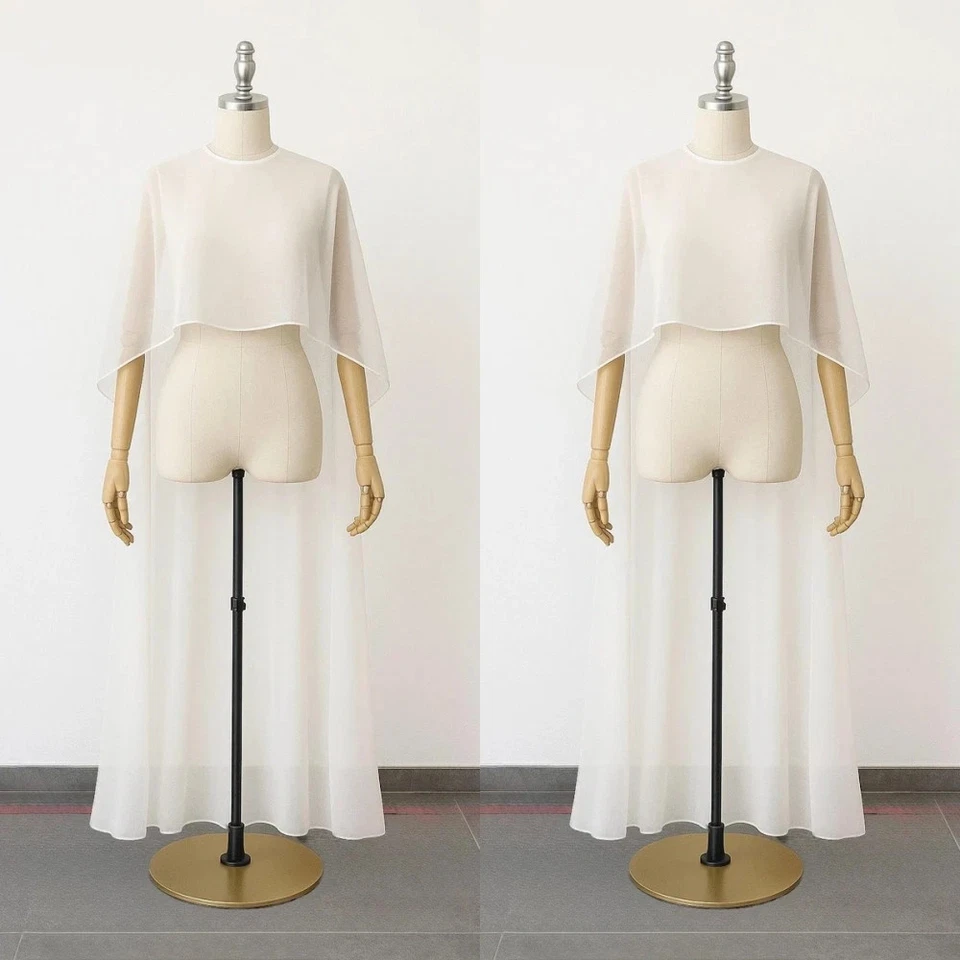 Marfil Chifón Capa de Novia Transparente Vestido de Novia Encubrimiento Alto-Bajo Mantón de Boda Foto 3 de 4