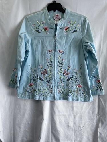 Quacker Factory Jacket L Turquoise Floral Embroidered Sequin Beaded Zip Stretch - Picture 2 of 20