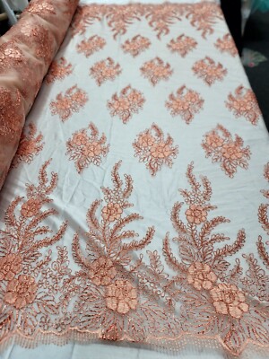 Fabric by The Yard Copper Lace Floral Sequin Metallic Cord Scallops 