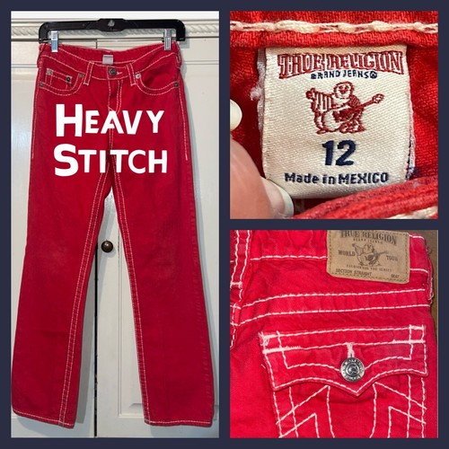 True Religion Jeans Girls 12 Red Section Straight Seat Heavy Thick Stitch Retro