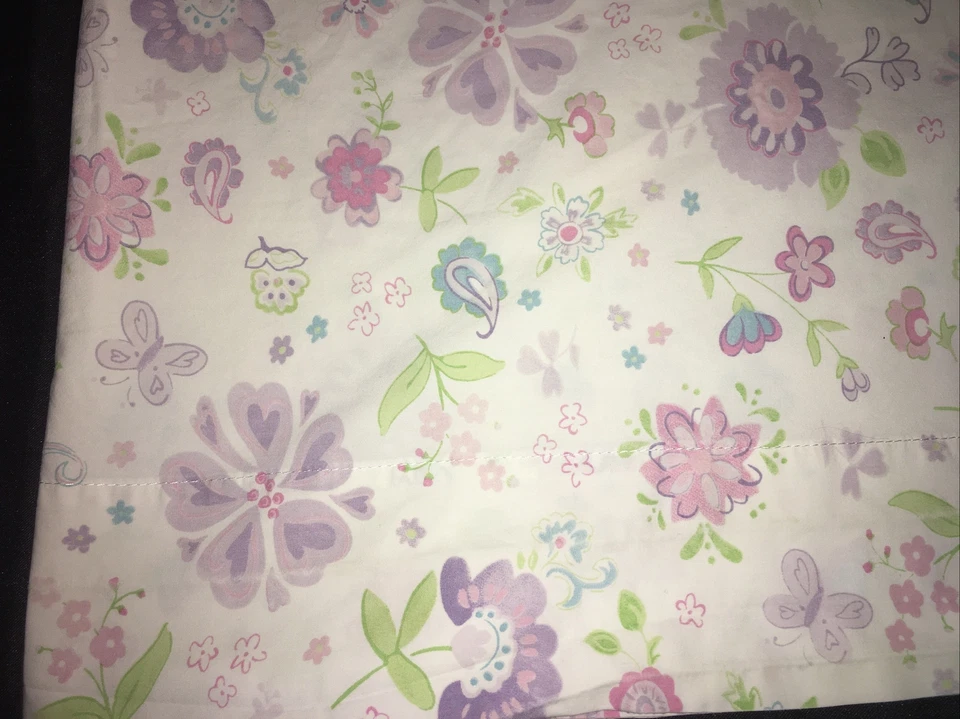 Pottery Barn Kids Garden Party Purple Twin Flat Sheet Paisley Floral Pink Green - Image 3 of 4