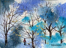 Pamela Wilhelm original Watercolor 5”x7”  Whimsical Forest Dog Man Trees Trail