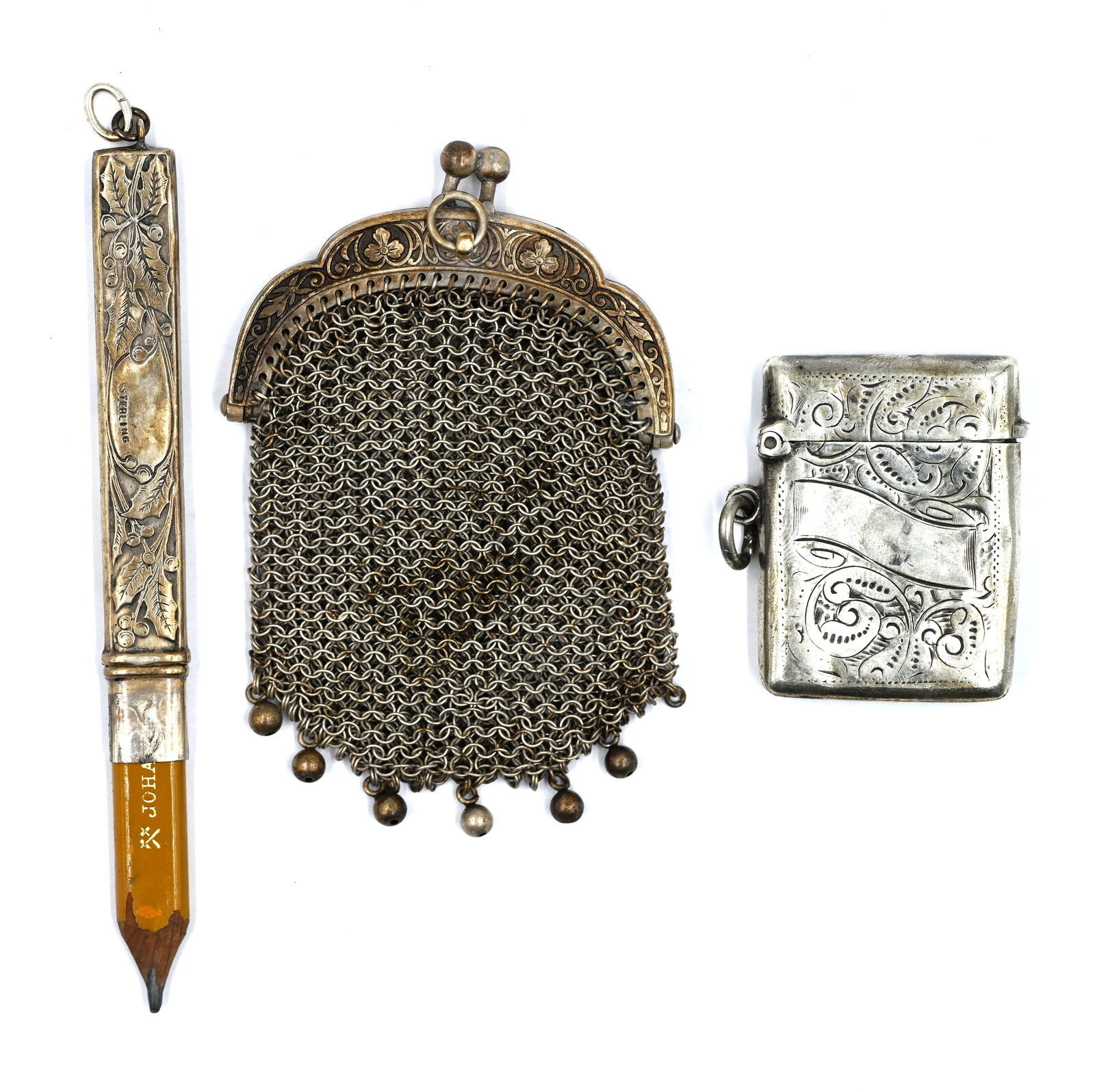 VICTORIAN Under blast sales CHATELAINE CHARMS COIN PURSE MATCHBOX PENCIL LEAF SCRO Fixed price for sale