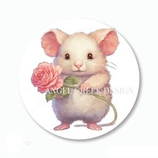 CUTE Mouse w/Pink Rose Scrapbook Stickers Envelope Seals Labels Party Favors