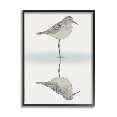 Soothing Sandpiper Bird Standing Ocean Shoreline Reflection Framed Wall Art, ...