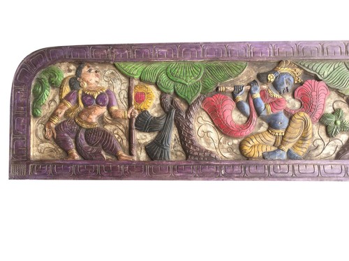 Vintage Hand Carved Sitting Krishna Fluting Headboard Wall Decor Wall Hanging  - Picture 2 of 3